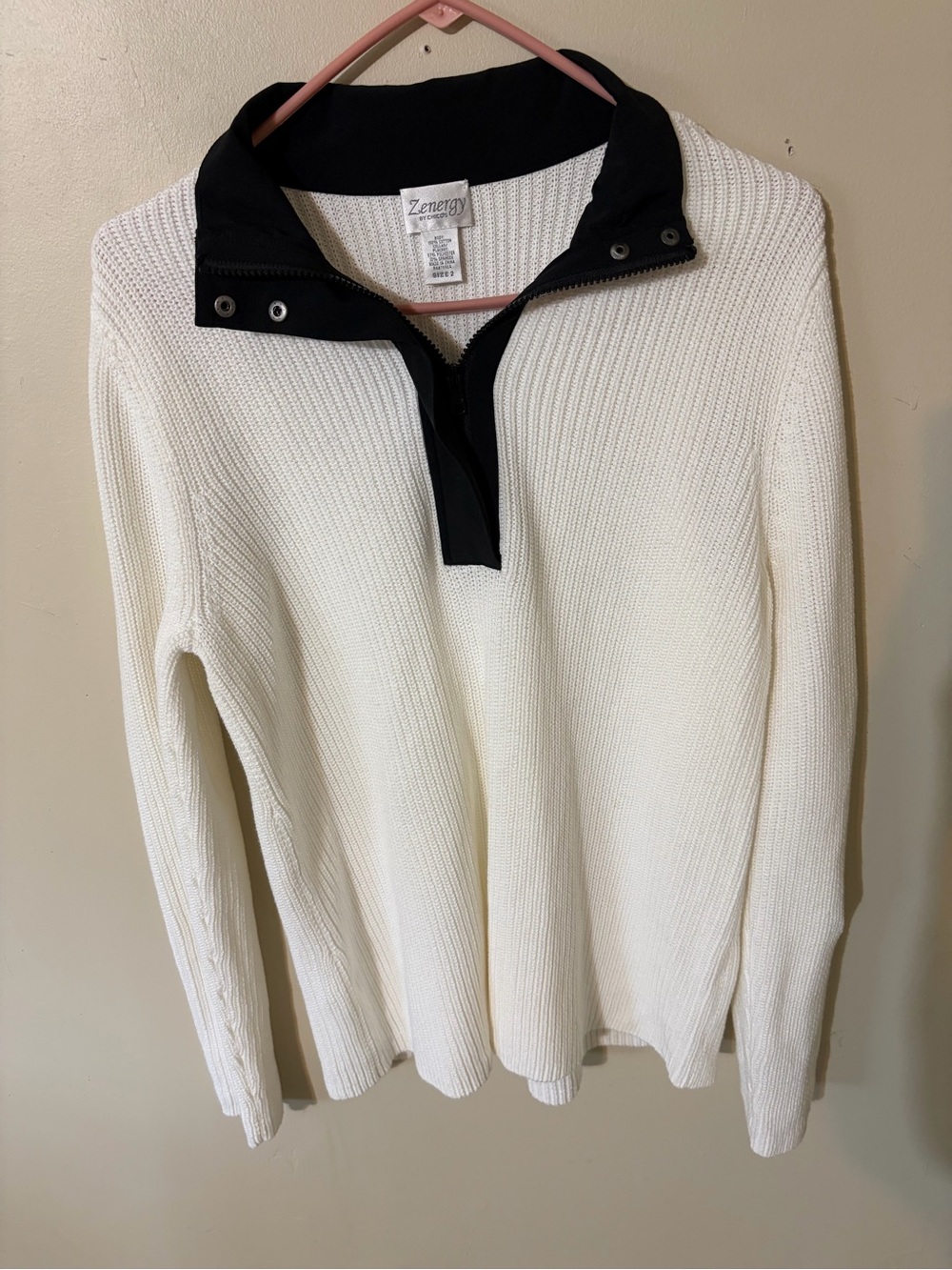 Zenergy by Chico’s Women's Cream Crewneck Sweater with Black Zip Collar